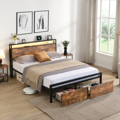 Queen-Size-Bettgestell mit Stauraum-Kopfteil und 2 Schubladen, LED-Licht-Bett mit Lade-Station