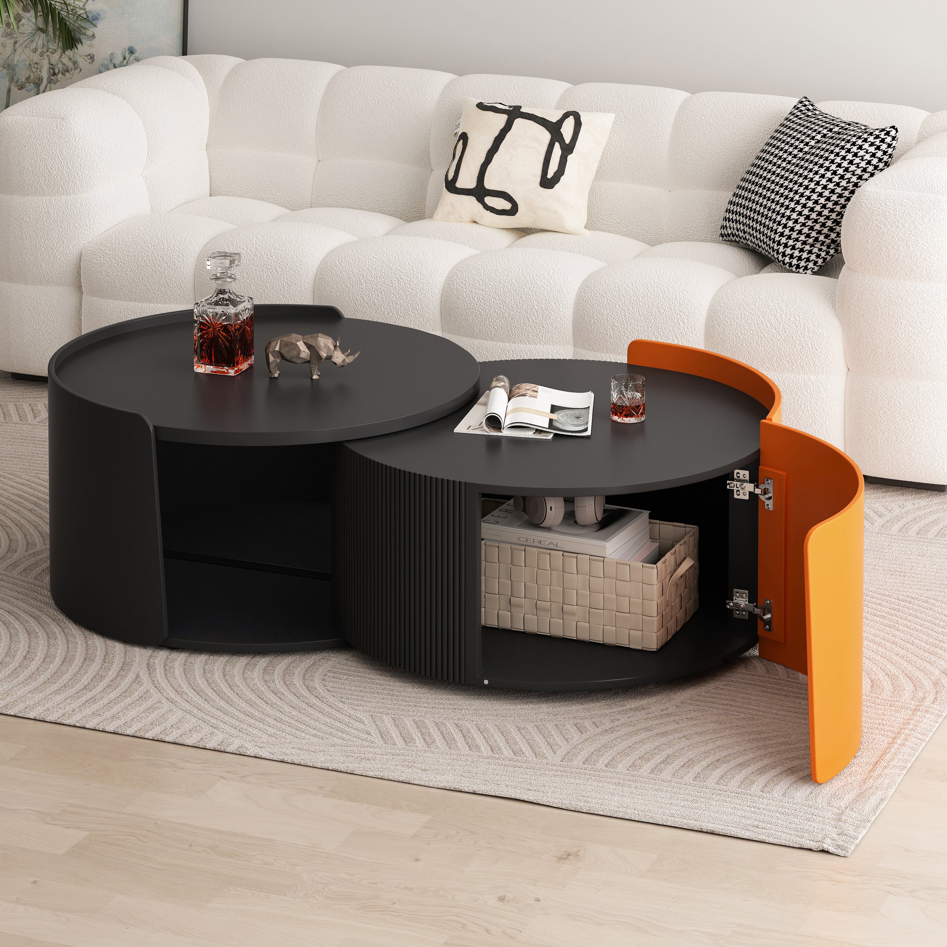 Mesa de Café Nidos, Mesas de Nido Redondas y Mesas Auxiliares para Espacios Pequeños, Mesas Laterales Modernas con Superficie Deslizante Extensible para Sala de Estar, Oficina, Negro, Sin Necesidad de Ensamblaje