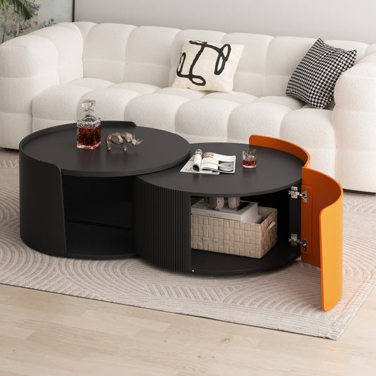 Nesting Coffee Table, Round Nesting Tables And End Tables For Small Space, Modern Side Tables With Extendable Sliding Tabletop For Living Room, Office,Black, No Need Assembly