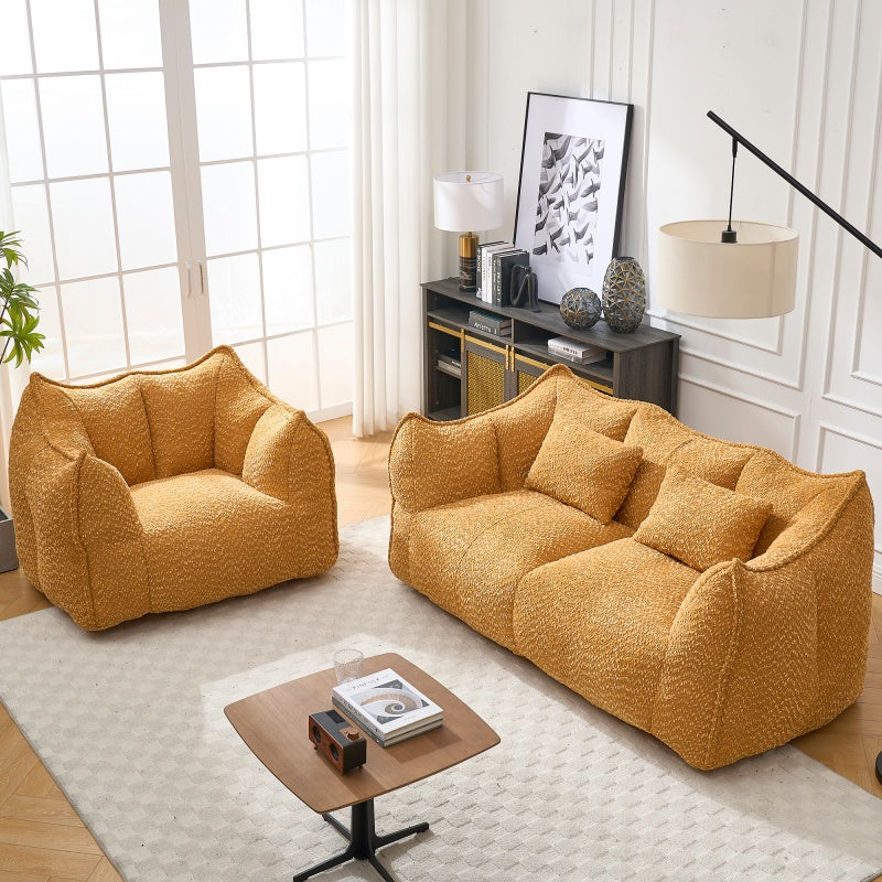 Sofá-Cama de Habichuelas de Peluche Comprimido - Relleno de Espuma de Alta Resiliencia, Silla de Salón de Boucle Ultra Suave para Una o Dos Personas, Asiento Acogedor para la Sala de Estar para Leer, Jugar y Relajarse, Ahorro de Espacio por Vacío