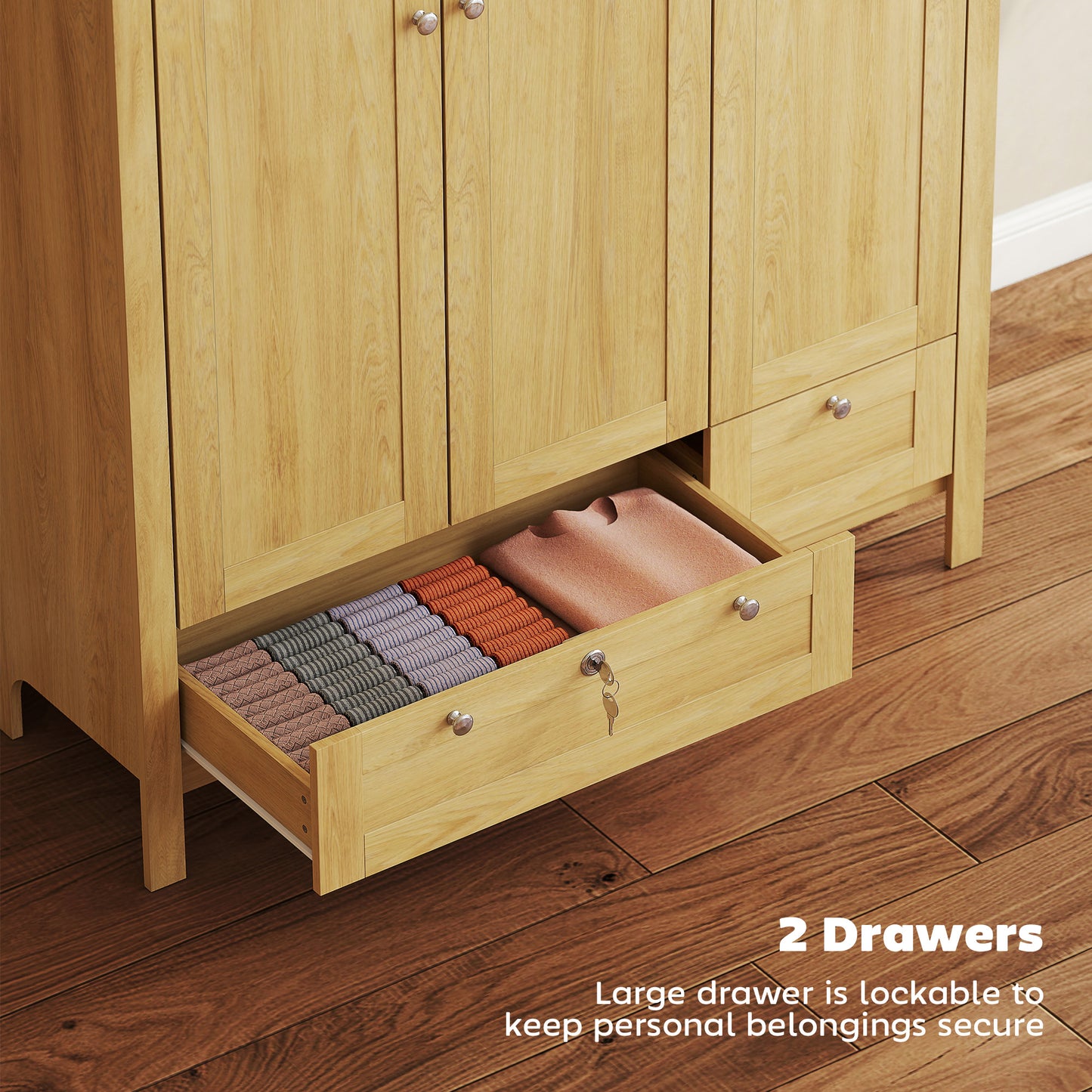 3 Doors Wardrobe Closet with 2 Drawers