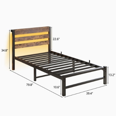 Estructura de Cama Tamaño Individual Marco de Cama Plataforma de Uso Intensivo con Cabecero, Estación de Carga USB, Cama con Luces LED, No Se Requiere Resorte de Caja, Base para Colchón, Listones de Acero Resistentes, Sin Ruido, Marrón