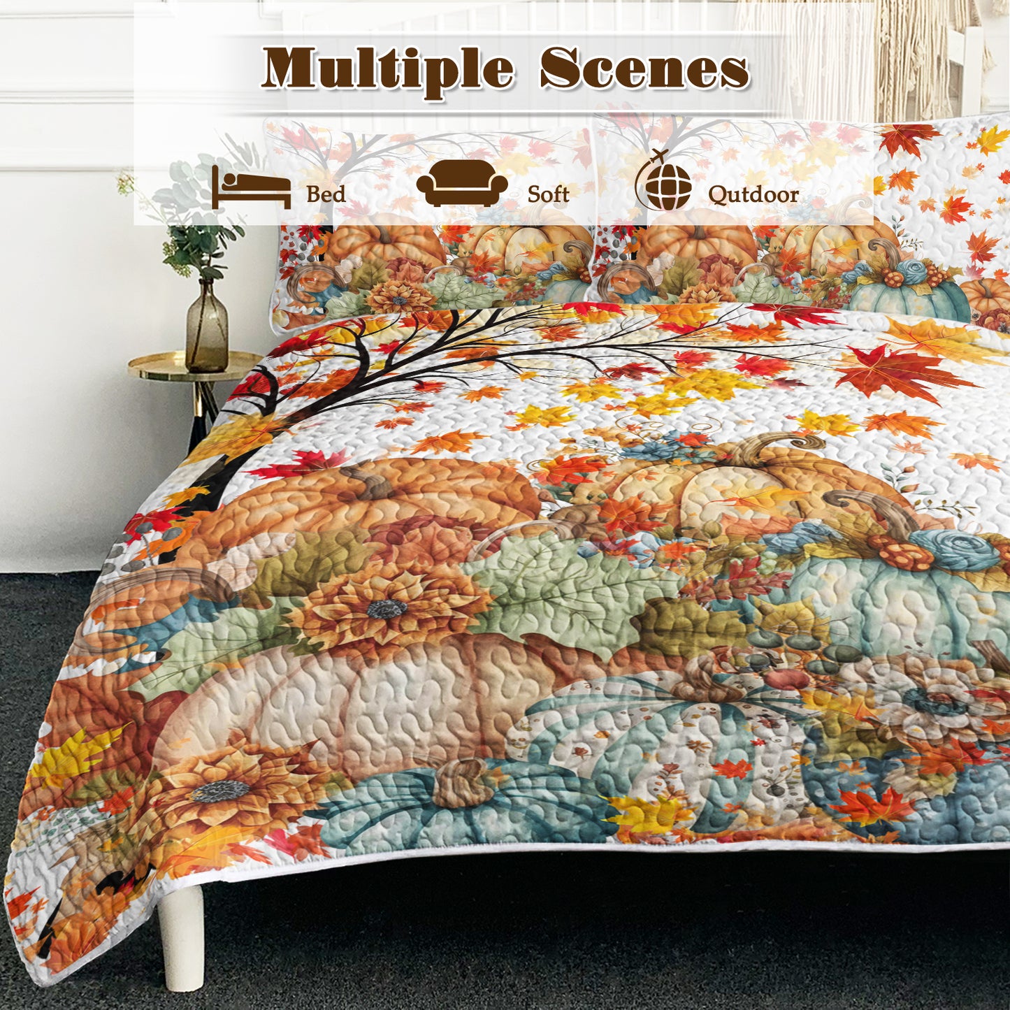Autumn Theme 3 Pcs Quilt Set - Pumpkin Print Bedspread Coverlet