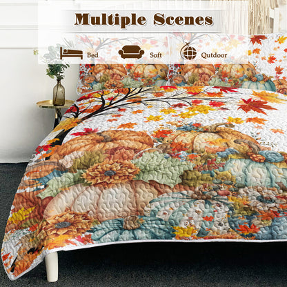 Autumn Theme 3 Pcs Quilt Set - Pumpkin Print Bedspread Coverlet
