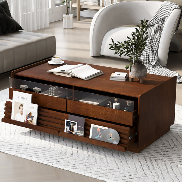 Mesa de Centro Rectangular Moderna U-Can con 4 Cajones y 2 Estanterías de Exhibición, Mesa de Centro de Madera con Estilo Acanalado, Vidrio Templado para la Sala de Estar