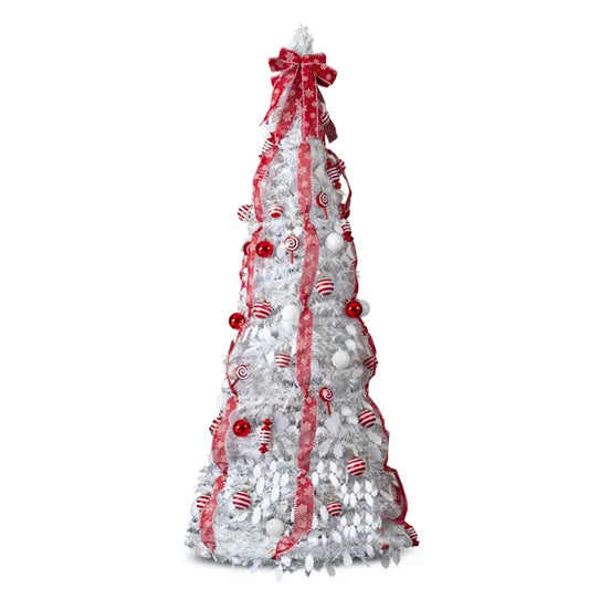 7 FT Fully Decorated Pre-lit Christmas Tree, Pop Up Artificial Xmas Tree With 170 Warm Lights And Red Ornaments For Home Office Store Holiday Deco, White
