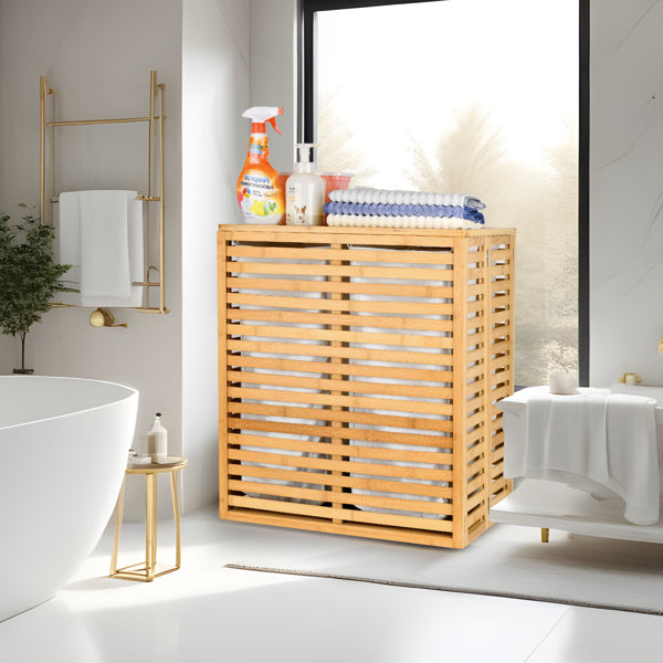 Cesta de Lavandería de Bambú con Tapa - Cesta de Lavandería Plegable con 2 Secciones de Bolsillos Forrados Desmontables para Baño, Dormitorio y Lavandería