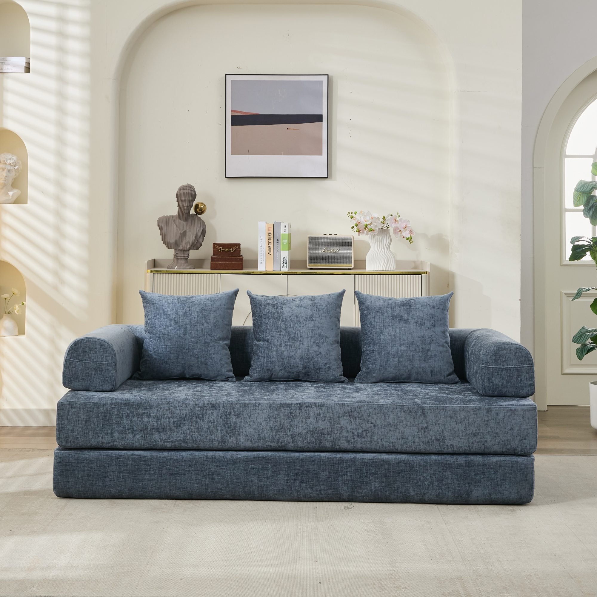 Cómodo Sofá Cama Plegable Convertible, Sofá Cama de Suelo, Sofá de Suelo de Chenille con Reposabrazos, Sofá Lounge de Suelo para Sala de Estar, Dormitorio, Sala de Estar o Estudio-Azul
