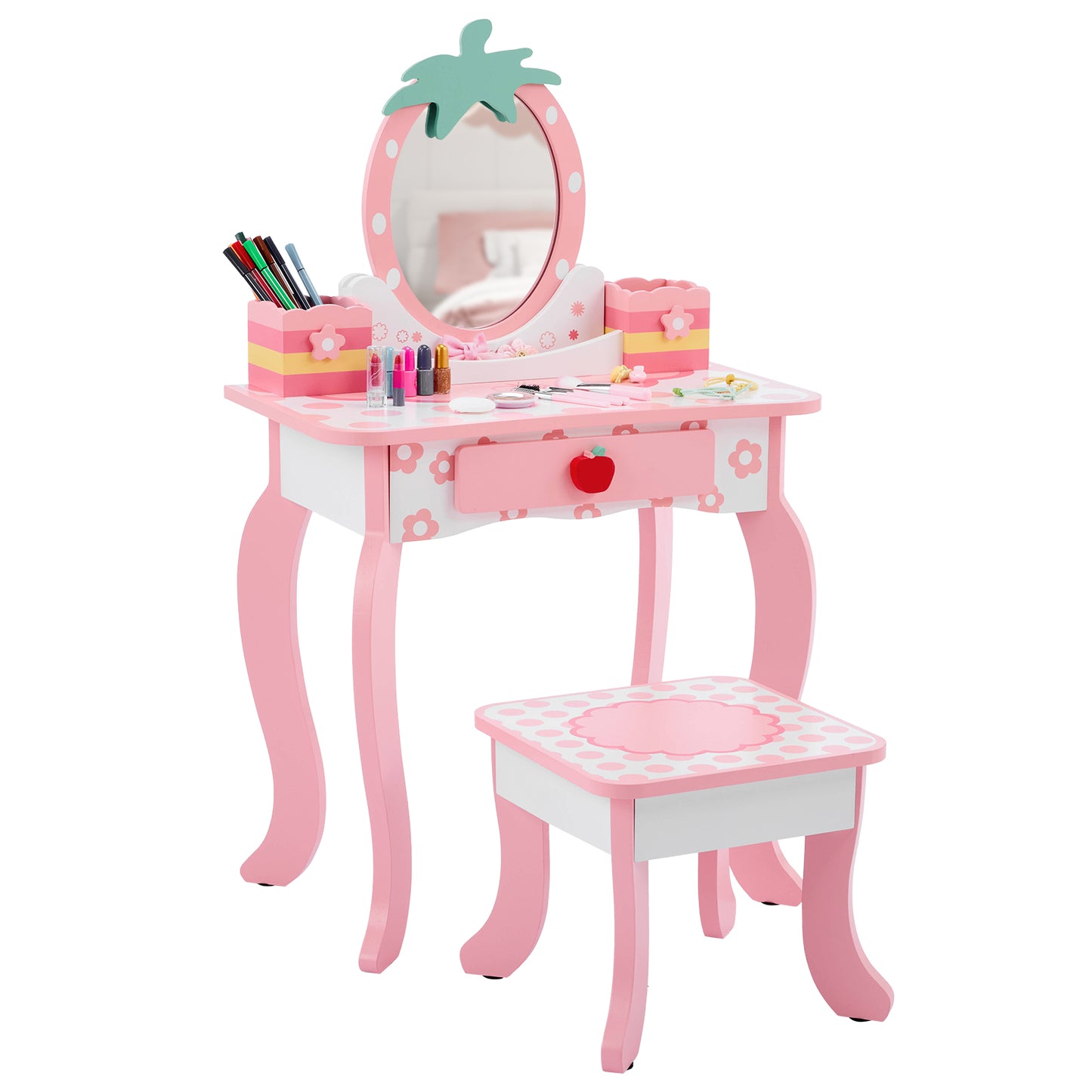 White MDF Spray-painted 1-drawer 2-desktop Storage Box Children's Dressing Table Set With Apple Print