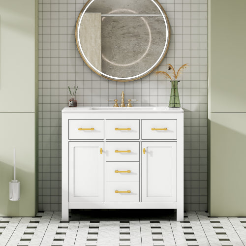 Lavabo de baño de 36'' con conjunto combinado de fregadero de cerámica, gabinete de baño individual independiente moderno con 4 cajones y 2 armarios, armario de almacenamiento para baño, conjunto de lavabo con marco de madera maciza, blanco