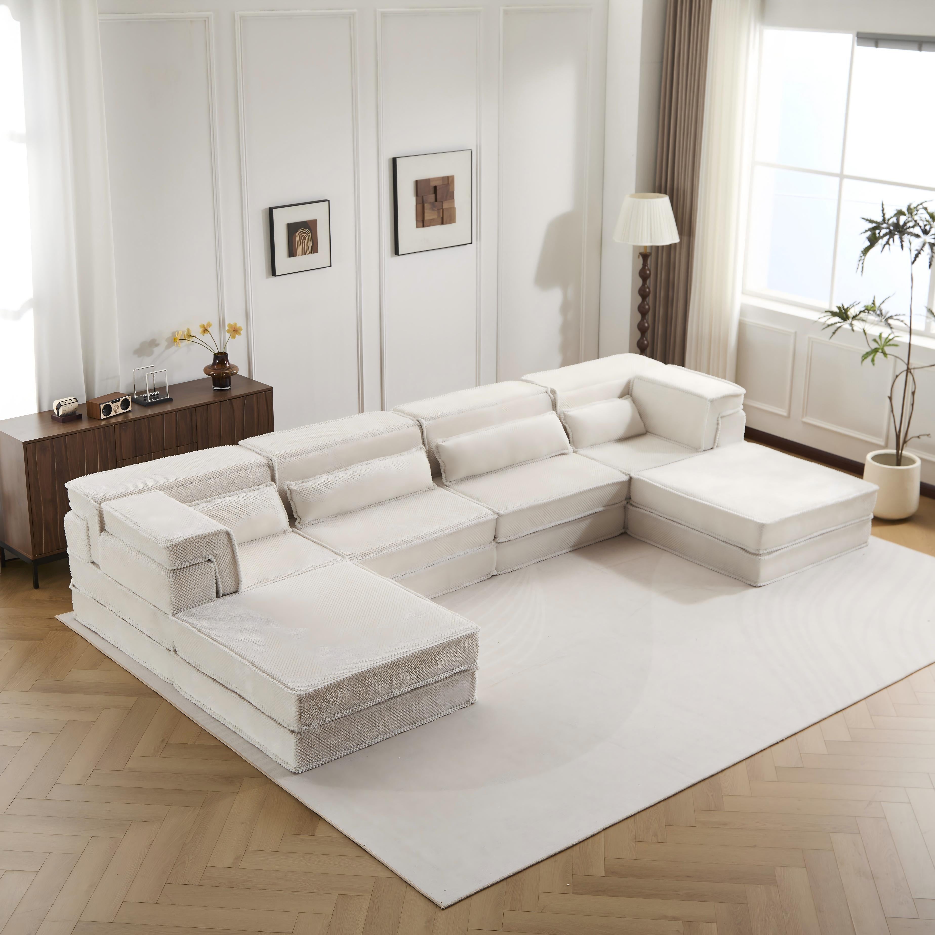 Sofá Mahjong de Compresión, Sofá Cama Convertible para el Suelo, Sofá Seccional Modular sin Huesos DIY, Sin Ensamblaje Requerido, Tejido de Felpa Circular, Para 4 Personas de Tamaño Excesivo con 2 Otomanos, Blanco