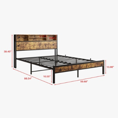Estructura de Cama de Tamaño Completo con Cabecero de Almacenamiento, Cama Plataforma de Metal con Estación de Carga, Almacenamiento en Forma de Estantería, No Requiere Colchón de Muelles, Ensamblaje Fácil, Sin Ruido, Negro