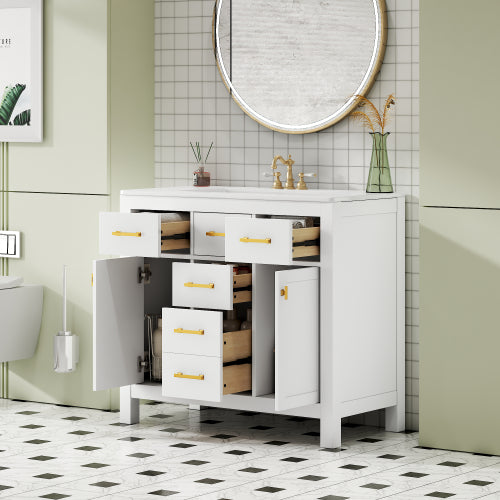 36'' Badezimmer-Waschständer mit Keramik-Waschbecken-Kombinationsset, moderner freistehender einzelner Badezimmerschrank mit 4 Schubladen & 2 Schränken, Stauraumschrank für das Badezimmer, Waschständer-Set mit massivem Holzrahmen, weiß