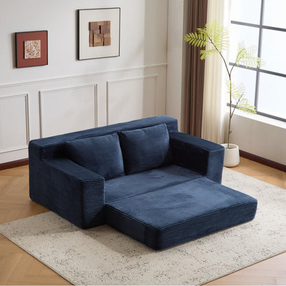 Loveseat Sofa, Comfortable Deep Seat Sofa Bed, Modern Small Corduroy Couch For Living Room Bedroom,Reversible Cushion With Pillows,No Assembly Required, Dark-blue