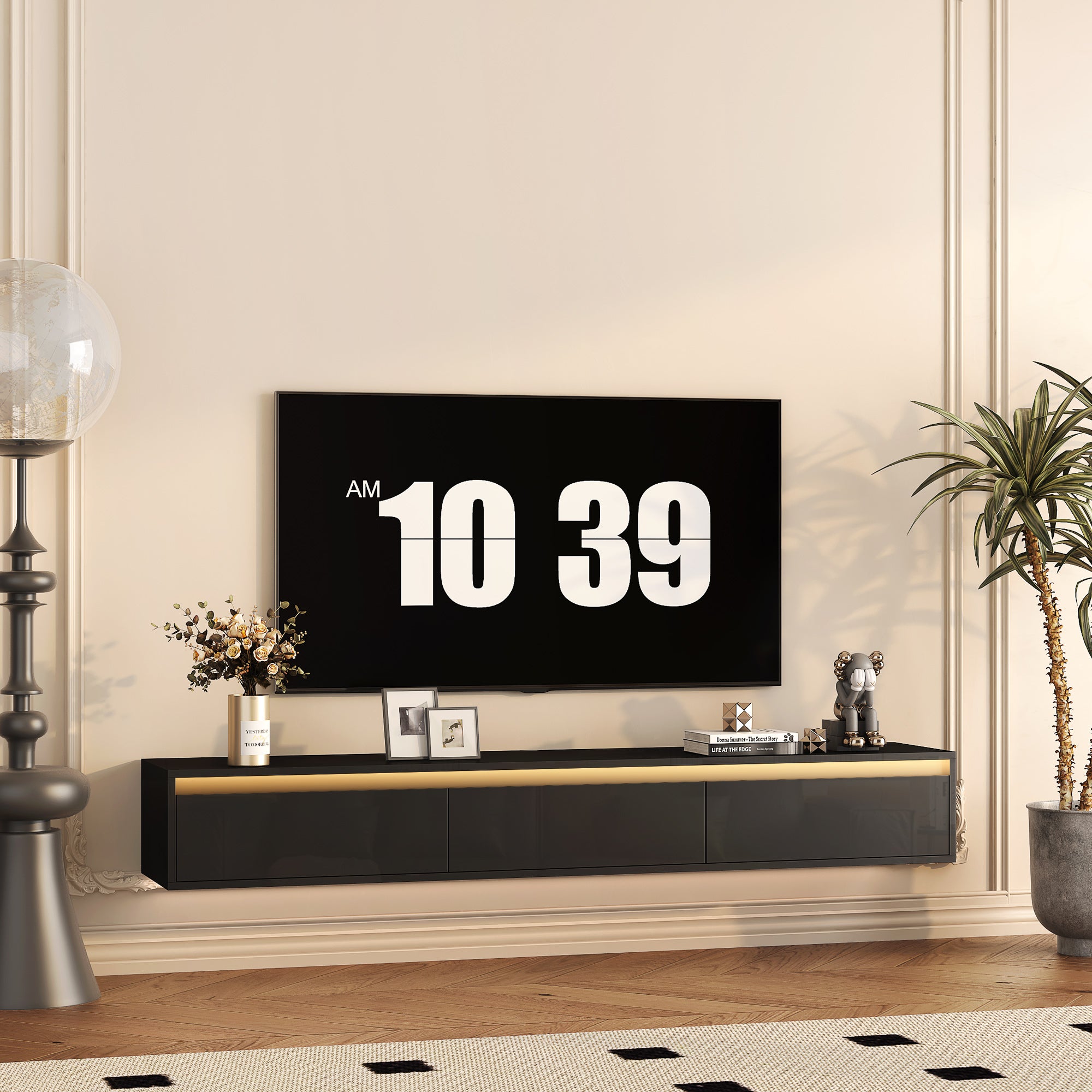 Schwebender TV-Ständer, Wandmontierter TV-Regal mit LED-Lichtern & Stromsteckdose, Hochglänzender TV-Schrank für schwarze TV-Ständer für das Wohnzimmer