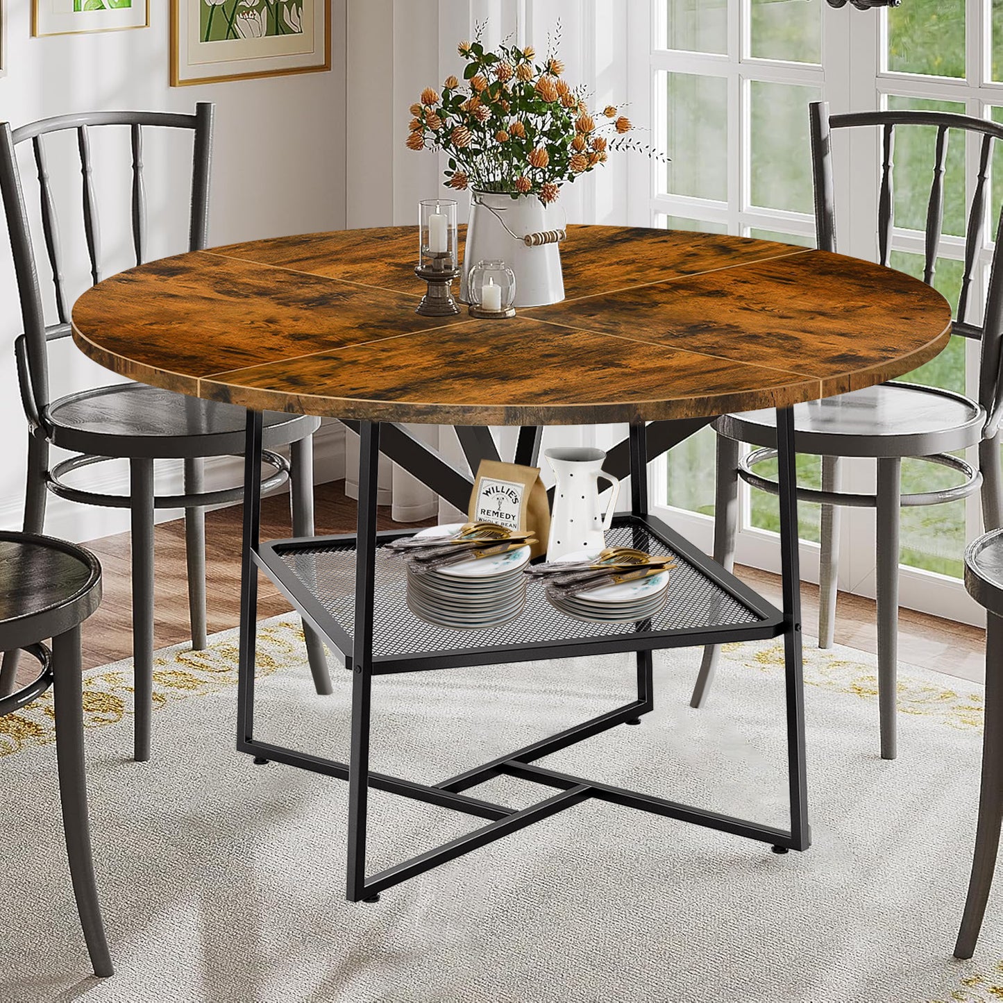 51'' Round Dining Table For 4-6  Tiger Stripes Black Wooden Dining Room Table With Storage Shelf Space Saving Circle Dinner Table With Metal Legs For Kitchen Living Room Dining Restaurant Furniture