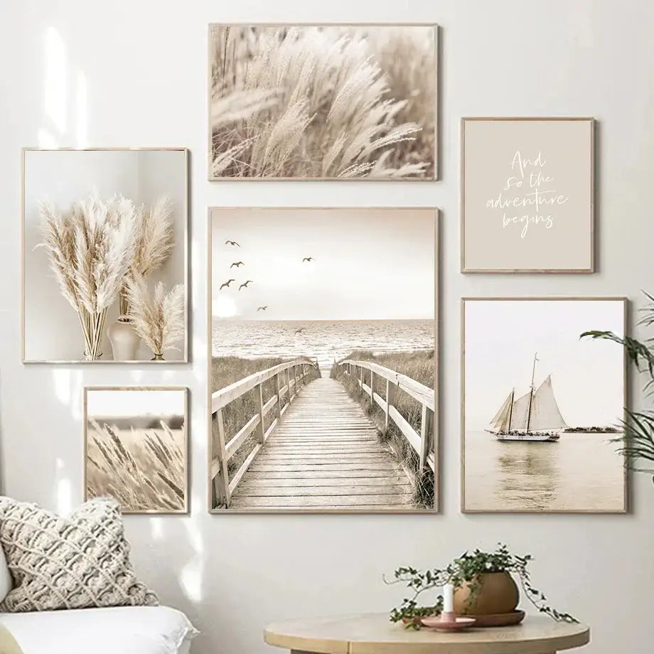 Set of six framed beige-toned DecorBites™ wall art prints featuring beach landscape and pampas grass home decor