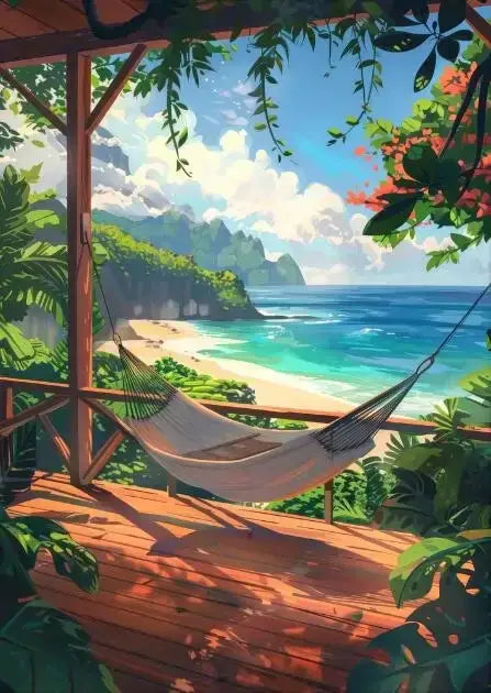 Beige woven hammock suspended between wooden beams on a sunlit deck complements decorbites blue beach cabin forest canvas wall art