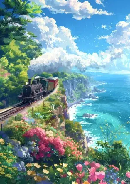 Decorbites™ blue beach cabin forest canvas wall art featuring a black steam locomotive with coastal flowers and ocean