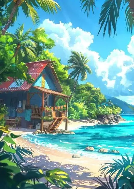 A blue beach cabin forest canvas wall art by decorbites featuring a red roof cottage among lush palm trees