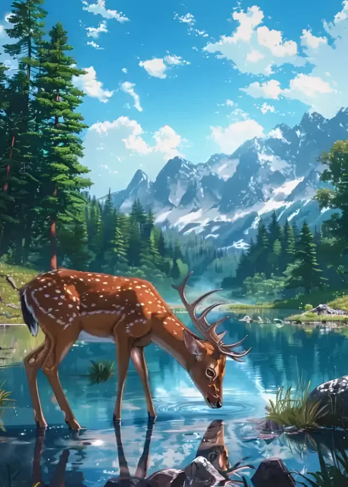 Decorbites™ blue beach cabin forest canvas wall art featuring a brown deer with antlers by a blue lake reflection