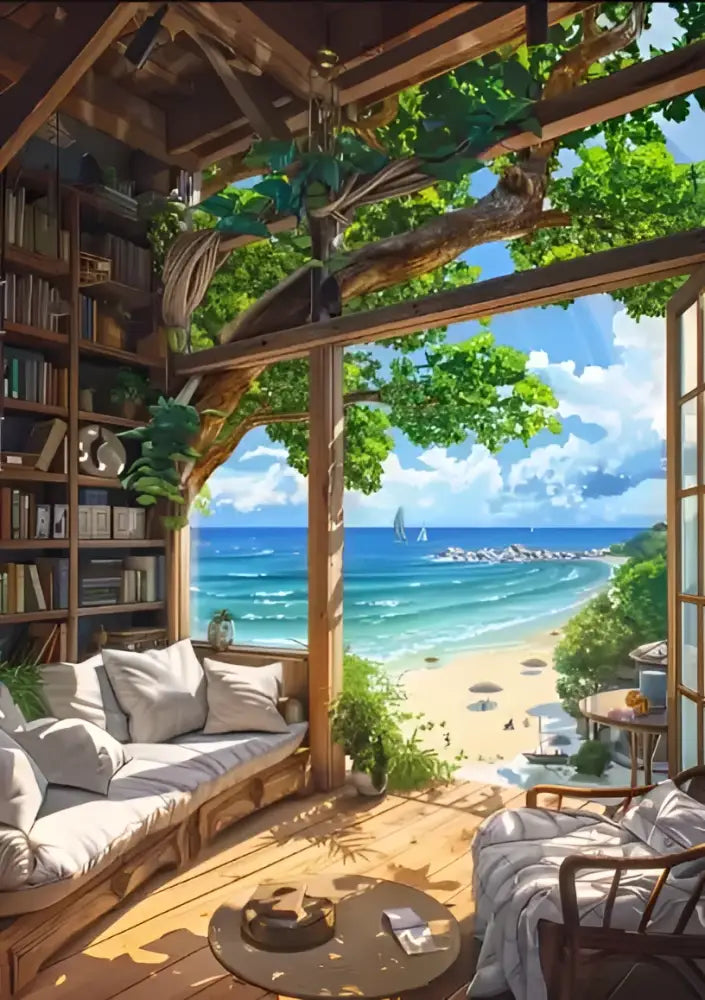 Cozy wooden reading nook with built-in bookshelves and cushioned bench featuring decorbites blue beach cabin forest canvas wall art