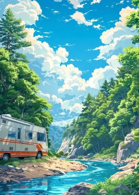 DecorBites™ blue beach cabin forest canvas wall art featuring cream and orange rv by clear blue river
