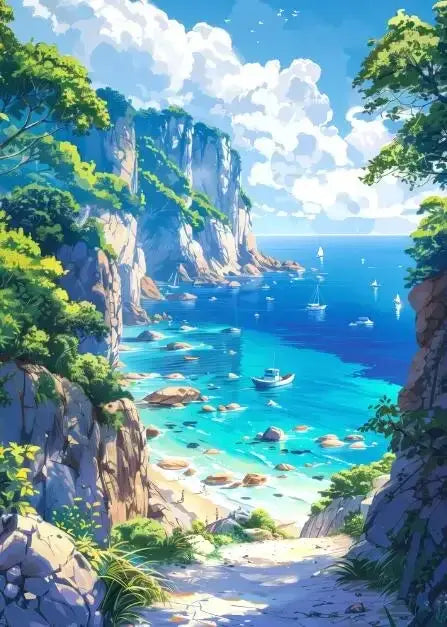 Decorbites blue beach cabin forest canvas wall art featuring serene turquoise coastal landscape with rocky cliffs