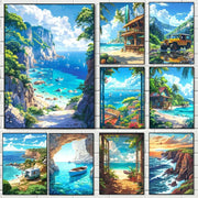Set of nine vibrant tropical forest canvas wall art featuring beach and coastal scenes by DecorBites blue beach cabin forest canvas wall