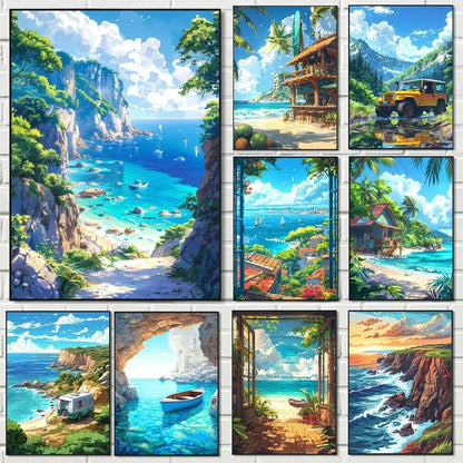 Set of nine vibrant tropical forest canvas wall art featuring beach and coastal scenes by DecorBites blue beach cabin forest canvas wall