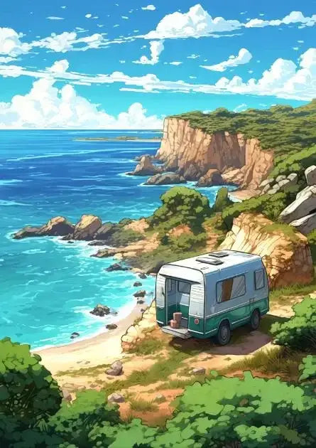 Teal and white vintage-style camper van on a sandy beach featured in decorbites™ blue beach cabin forest canvas wall art