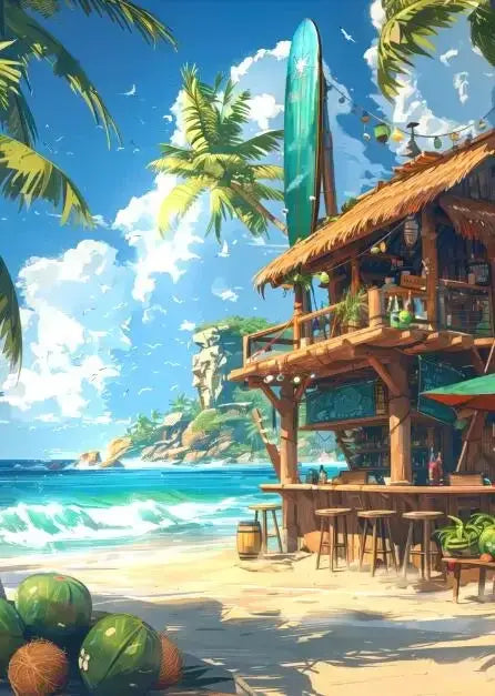 Decorbites blue beach cabin forest canvas wall art featuring a tropical beachside bar with thatched roof and turquoise surfboard