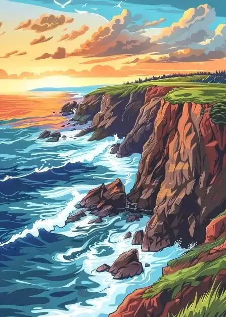 Decorbites™ blue beach cabin forest canvas wall art featuring vibrant coastal cliffs and lush greenery under sunset sky