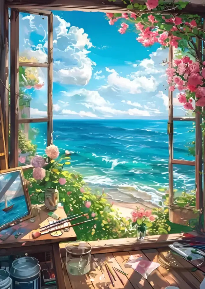 Decorbites™ blue beach cabin forest canvas wall art features a vibrant open wooden window with turquoise ocean view and pink blossoms