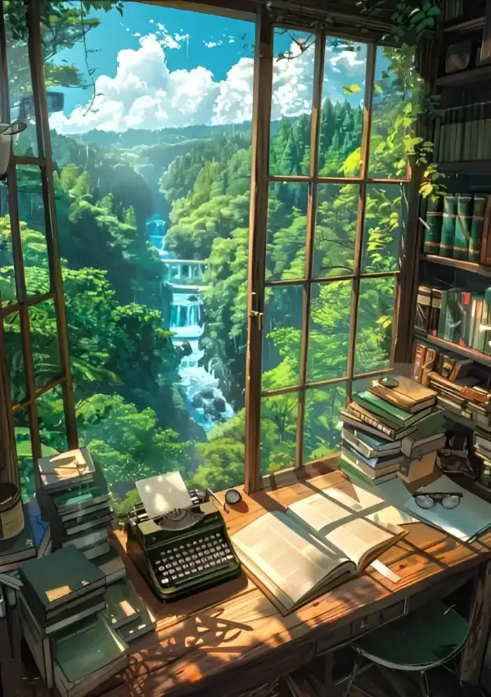 Vintage green typewriter on wooden desk with books and open ledger featured in decorbites forest canvas wall art