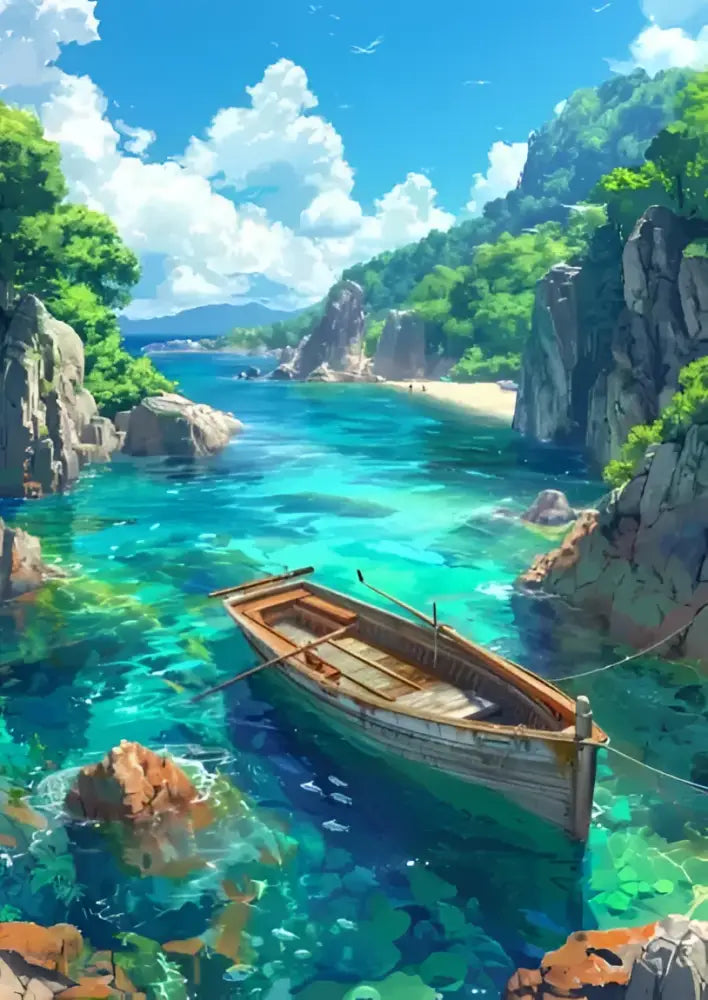 DecorBites™ blue beach cabin forest canvas wall art features a wooden rowboat on clear turquoise water