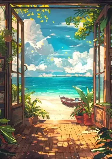 Decorbites blue beach cabin forest canvas wall art depicting a wooden-framed open doorway revealing a sunny beach scene