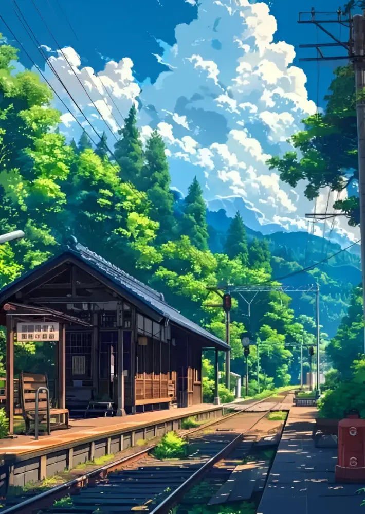 Wooden station with dark roof in decorbites™ blue beach cabin forest canvas wall art for nature decor