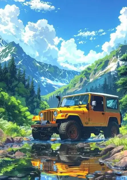 Decorbites™ blue beach cabin forest canvas wall art featuring a yellow vintage jeep in a mountainous forest canvas wall setting