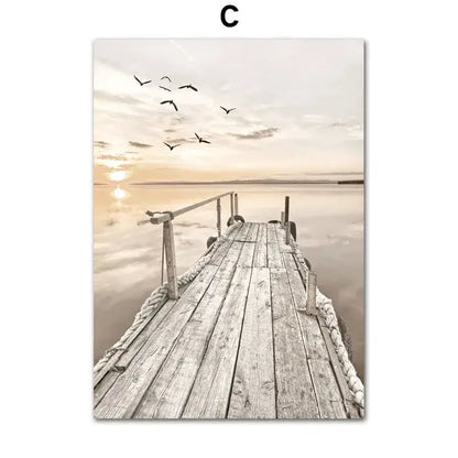 Decorbites™ beach landscape canvas wall art featuring weathered wooden dock with rope railings under sunset sky