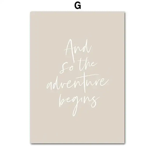 Beige rectangular wall art with elegant white cursive script and so the adventure begins by DecorBites beach landscape decor