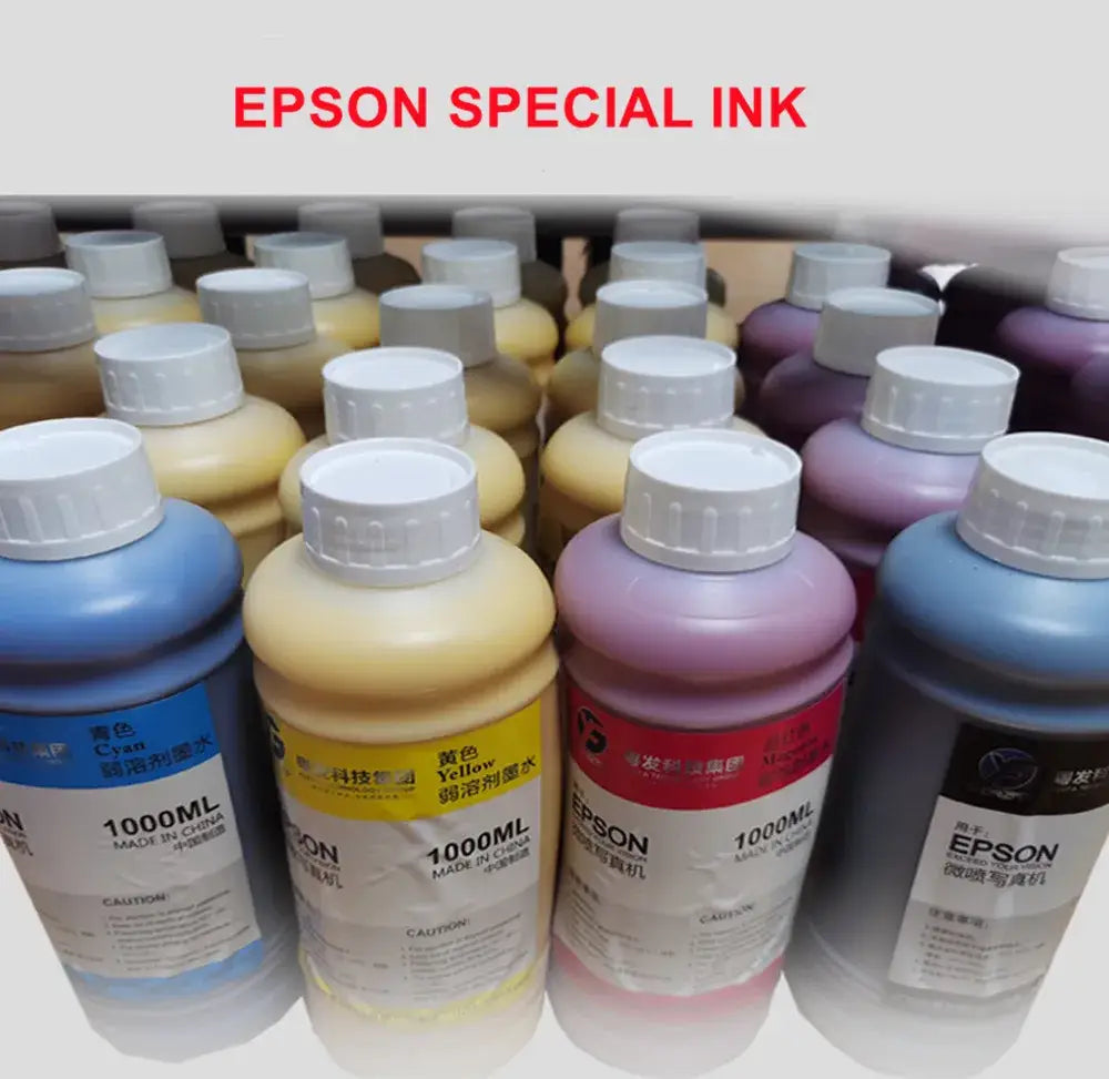 Epson 1000ml special ink bottles in cyan yellow magenta and black with white caps for bohemia beach wall art decor