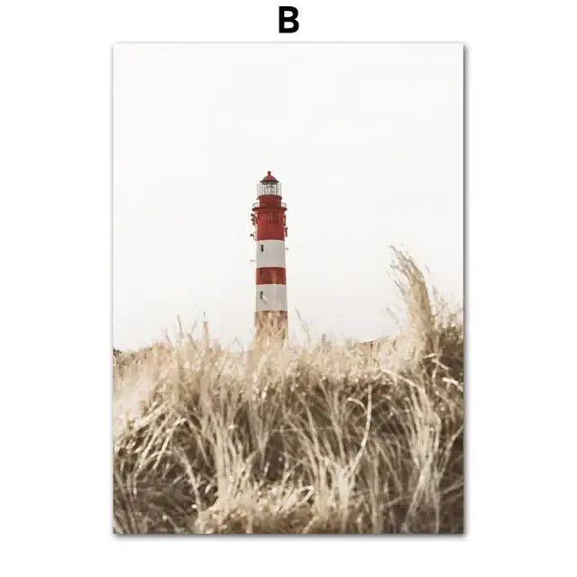 Decorbites™ bohemia beach landscape canvas wall art featuring a red and white striped lighthouse in golden grasses for home decor