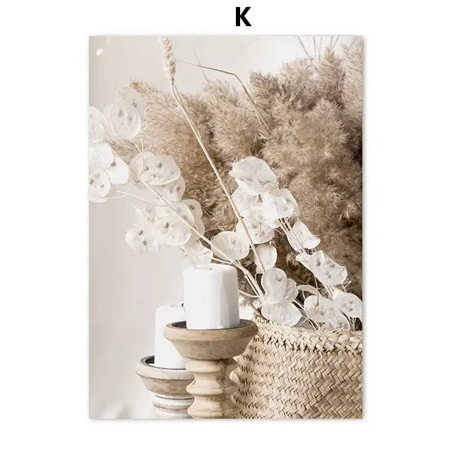 A rustic wooden candle holder with a white pillar candle complements bohemia beach wall art for home decor