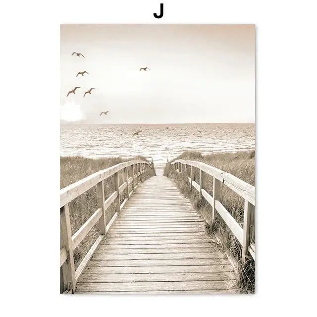 Sepia-toned wooden boardwalk wall art with grassy dunes and birds for bohemia beach inspired home decor