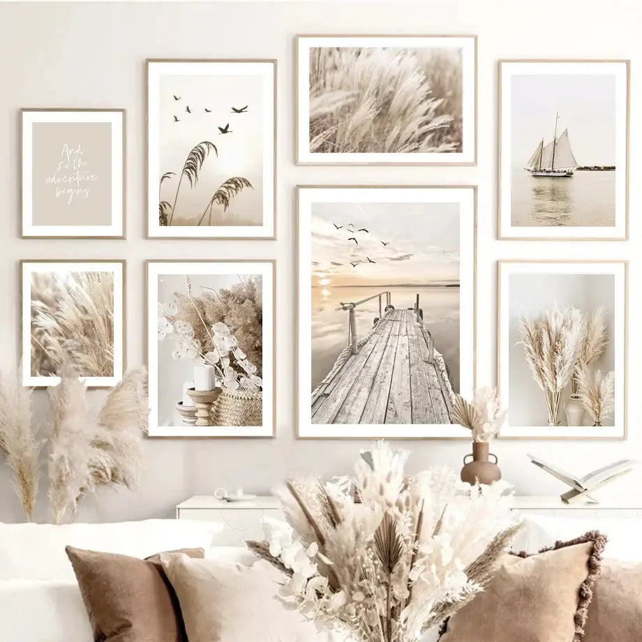 Set of six framed bohemia beach wall art prints with serene nature scenes in beige tones for home decor