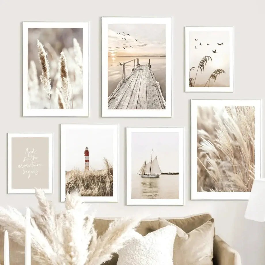 Set of six framed wall art prints featuring serene bohemia beach landscapes in soft beige and muted tones for home decor