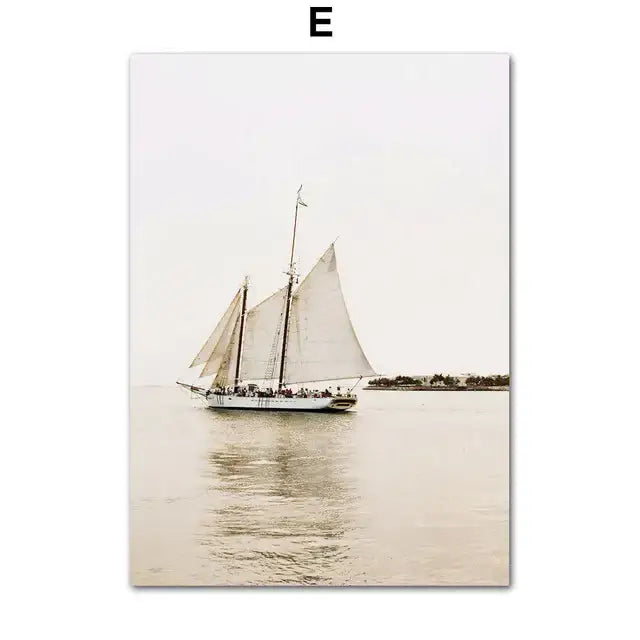 Decorbites™ bohemia beach wall art vintage canvas print of white sailboat on calm waters for home decor