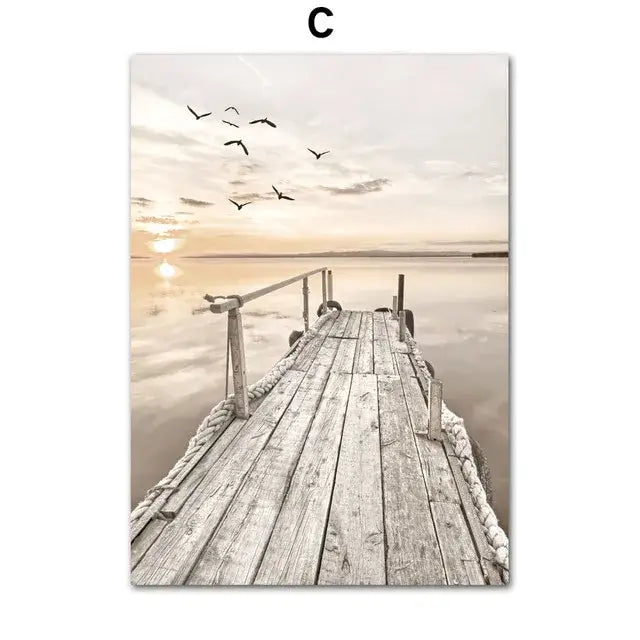 Decorbites™ bohemia beach landscape canvas wall art featuring a weathered wooden dock and calm sunset waters for home decor