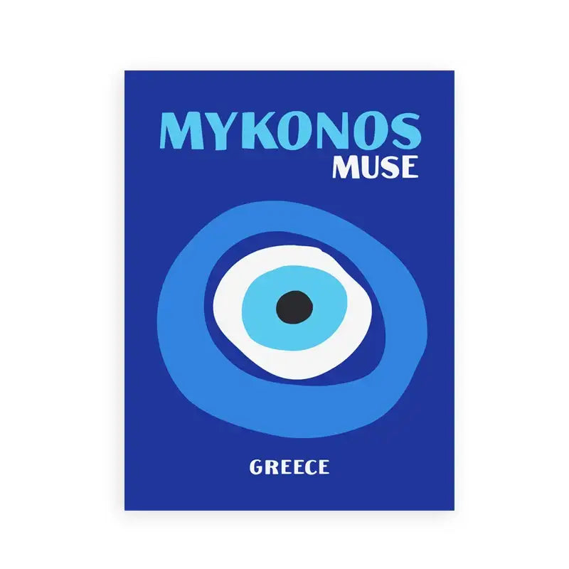 Decorbites™ blue rectangular beach travel poster with stylized evil eye design for living room home decor